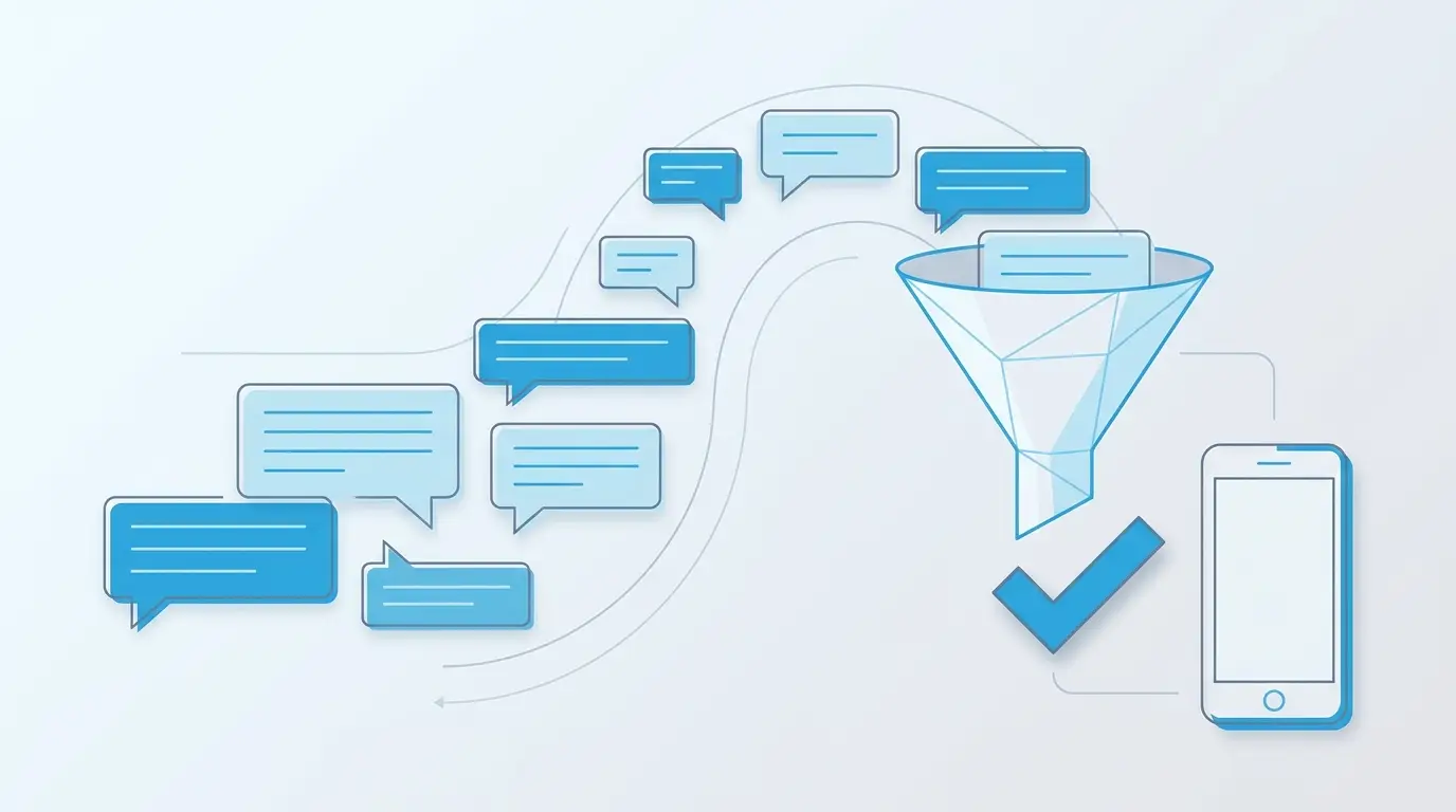 A minimal geometric illustration of a phone showing WhatsApp chat bubbles that flow rightward through a funnel into a customer conversion mark, representing how Hyderabad businesses turn conversations into sales