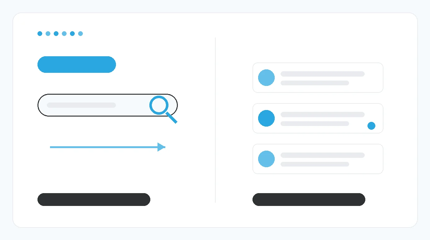 A minimal geometric illustration showing two columns, one labelled Google capturing existing demand with a magnifying glass over a search bar, the other labelled Meta creating new demand with a feed of stacked cards
